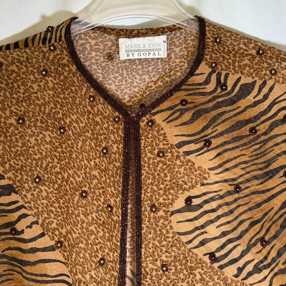 Mark & John By Gopal Elegant Beaded Brown Leopard Long Duster Small Chiffon Vint - Picture 5 of 12